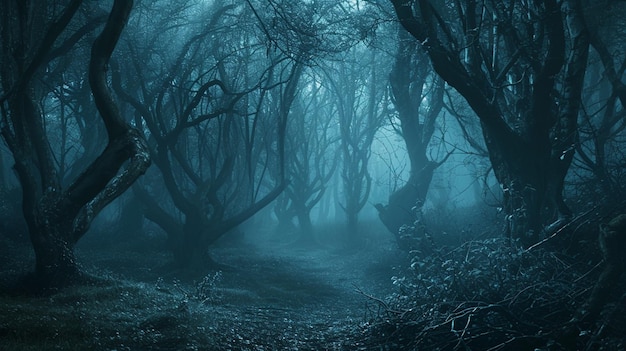 Призрачный лес жуткий пейзаж ночью Фантазия Хэллоуин лесный фон Генеративный Ай