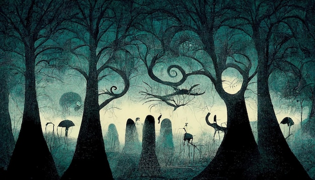 Haunted forest griezelig landschap illustratie. Fantasie surrealistische Halloween bos achtergrond.