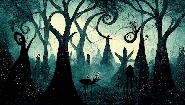 Haunted forest griezelig landschap illustratie. Fantasie surrealistische Halloween bos achtergrond.