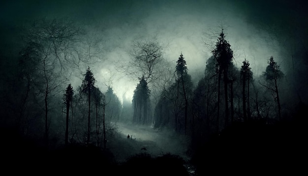 Иллюстрация леса с привидениями в мрачную ночь. 3D иллюстрация. Используйте цифровые методы размытия краски.