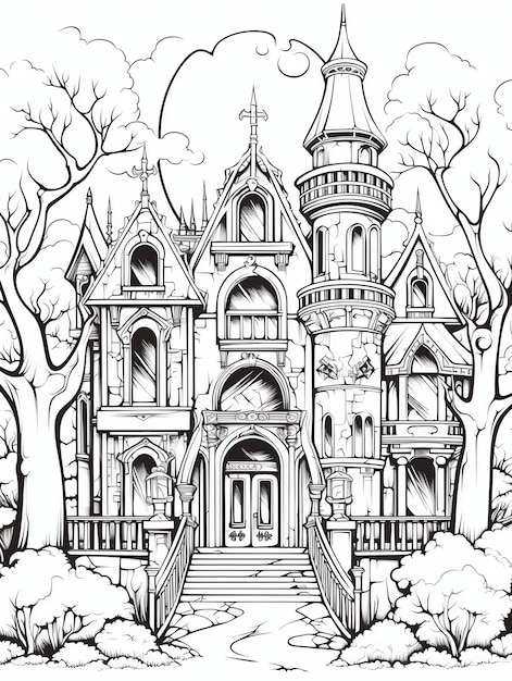 A haunted forest with ghostly figures magical gothic fantasy coloring book page in black and white