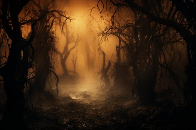 Photo haunted forest with glowing fog