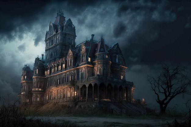 Готический замок с привидениями ночью, старый жуткий особняк на Хэллоуин, генеративный AI