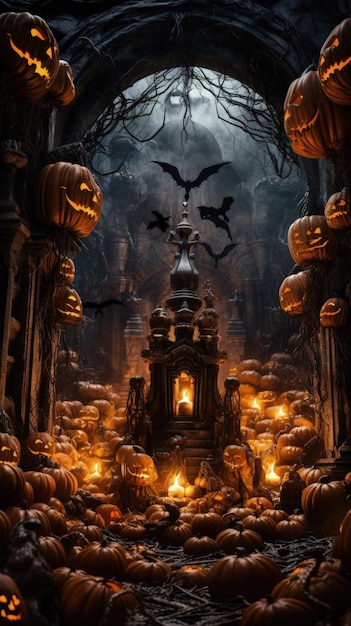 haunted graveyard halloween's spectral dance with pumpkins skulls and candles Ai Generated