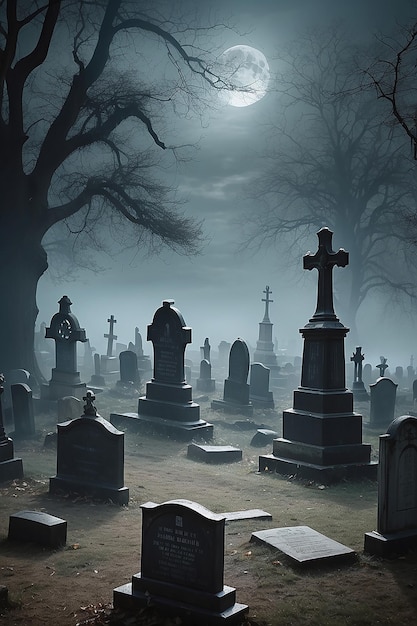 Photo a haunted graveyard with eerie mist and ghostly apparitions