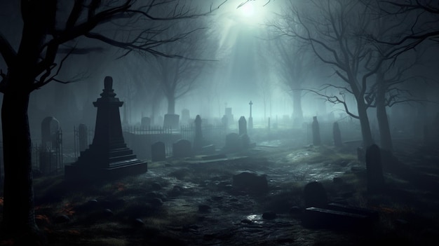 A haunted graveyard with an eerie mist and sound of