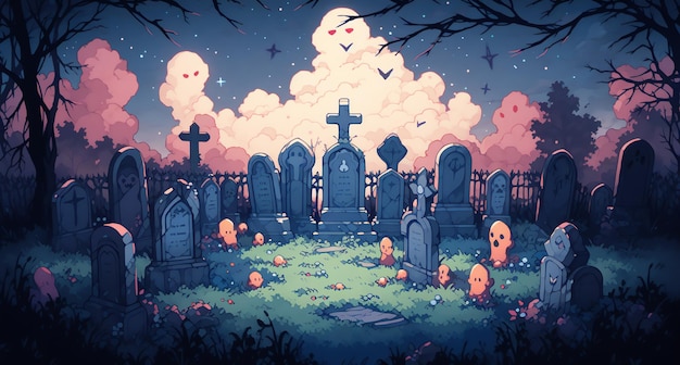 Haunted graveyard with ghosts and tombstones