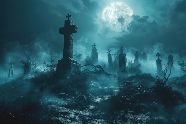 Haunted graveyard with spectral figures emerging under the full moon watch