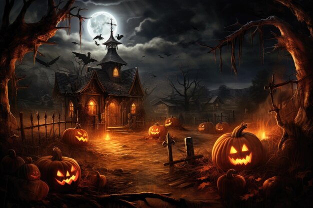 haunted halloween illustration showing Jack o lanterns glowing in the dark