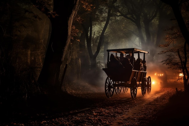 Haunted hayride spookachtige figuren door donker bos Generatieve AI