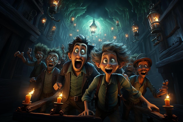 Haunted House avontuur cartoon personages nerveus Ai gegenereerd