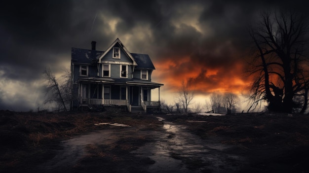 Haunted House Beneath a Stormy Sky