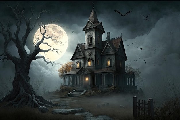 A haunted house in the dark with a full moon in the background.