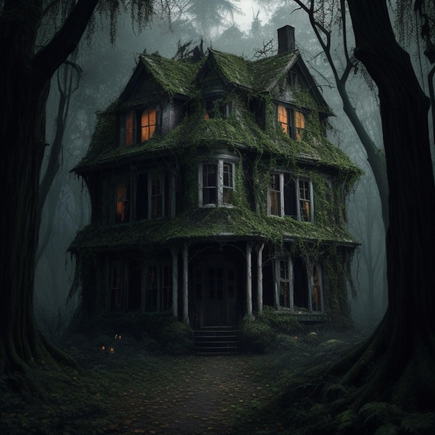 A haunted house in the dense forest