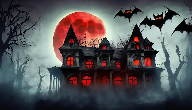 haunted house and flying bats halloween background