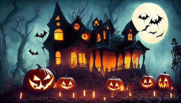 Дом с привидениями на фоне Хэллоуина со страшными тыквенными свечами и летучими мышами в темном лесу ночью