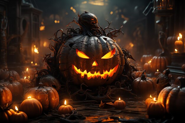 Haunted house on halloween celebration concept Spooky house with deserted building and pumpkin