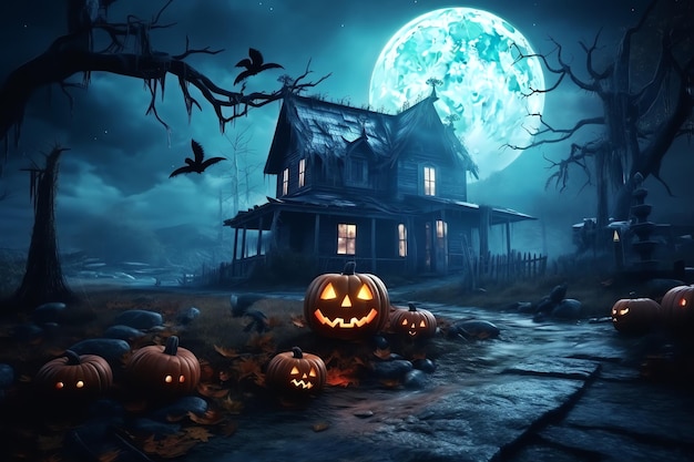 Haunted house on halloween celebration concept Spooky house with deserted building and pumpkin