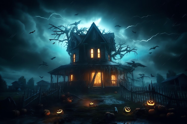 Haunted house on halloween celebration concept Spooky house with deserted building and pumpkin