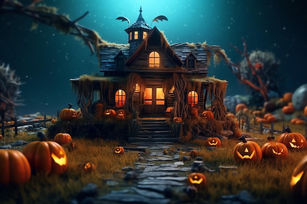Haunted house on halloween celebration concept Spooky house with deserted building and pumpkin