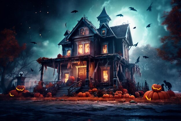 Haunted house on halloween celebration concept Spooky house with deserted building and pumpkin