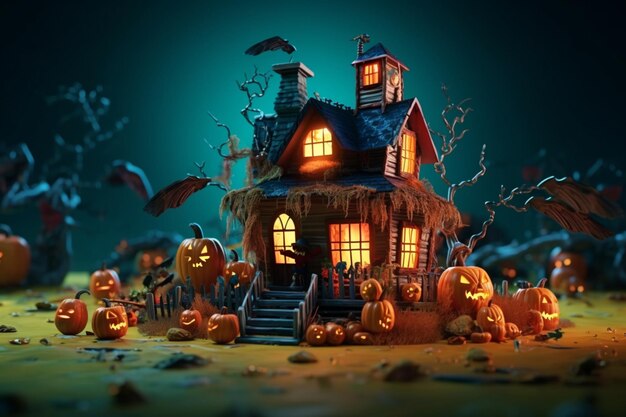 Haunted house on halloween celebration concept Spooky house with deserted building and pumpkin