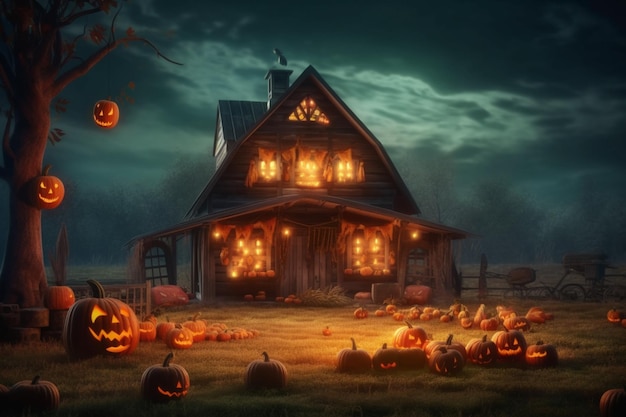 Haunted house on halloween celebration concept Spooky house with deserted building and pumpkin