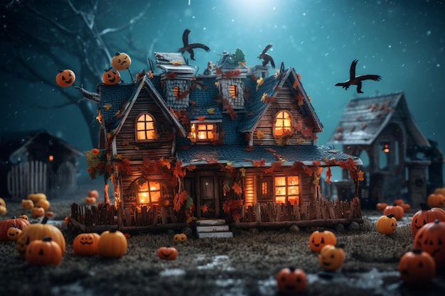 Haunted house on halloween celebration concept Spooky house with deserted building and pumpkin