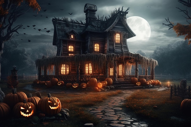 Haunted house on halloween celebration concept Spooky house with deserted building and pumpkin