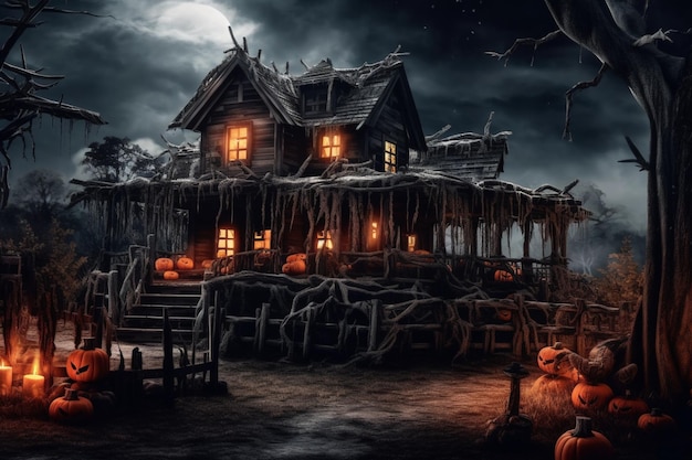 Haunted house on halloween celebration concept Spooky house with deserted building and pumpkin