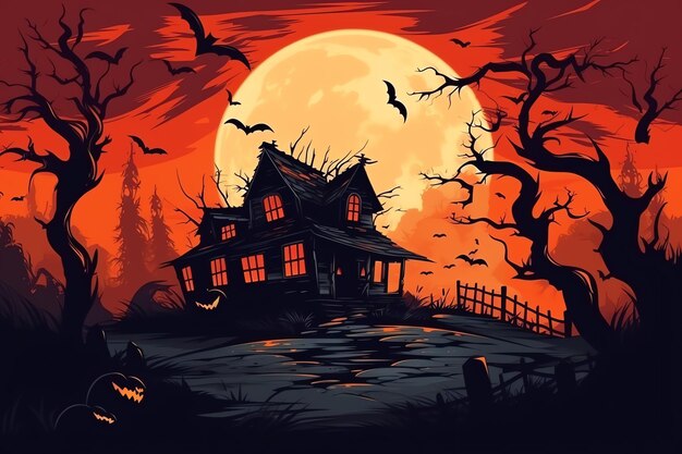 Haunted house on halloween celebration concept spooky house with deserted building and pumpkin