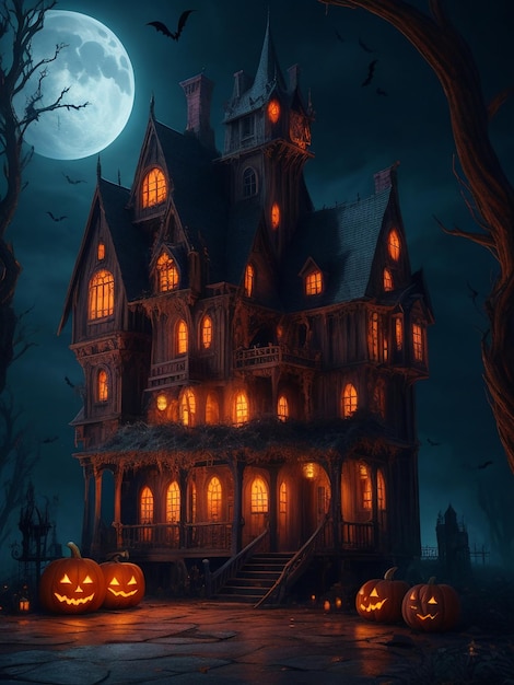 Haunted house during Halloween at night