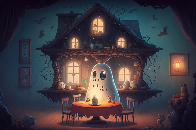 Haunted house inhabited by friendly ghosts and haunted furniture illustration generative ai