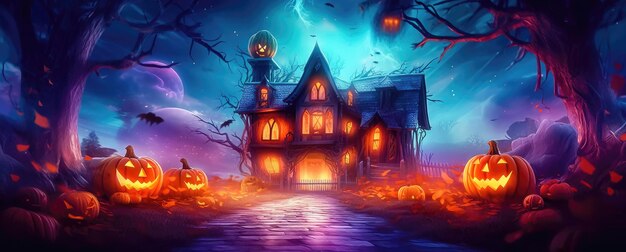 Haunted House met gloeiende Halloween pompoenen Spooky Night Generative AI