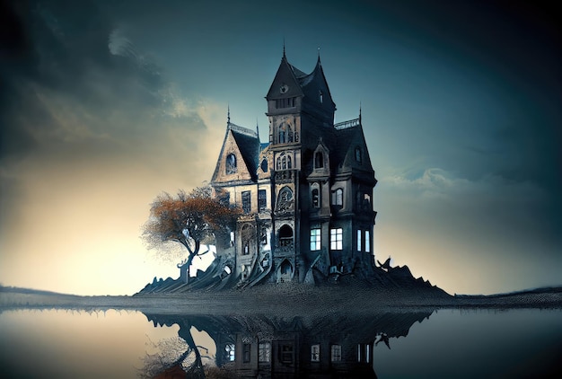 Haunted house old abandoned spooky castle on the lake island Halloween and horror concept Generative AI