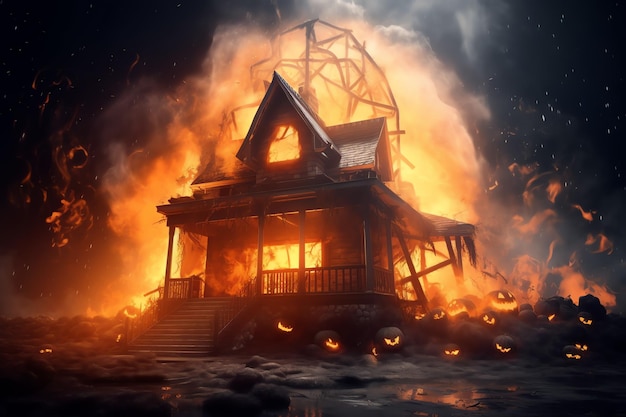 Haunted house op halloween viering concept Spooky huis met verlaten gebouw en pompoen