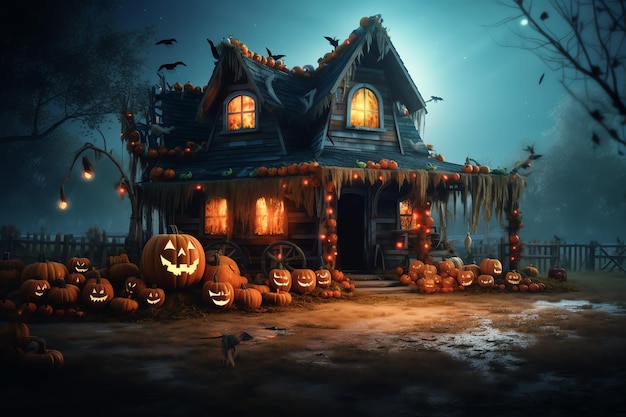 Haunted house op halloween viering concept Spooky huis met verlaten gebouw en pompoen