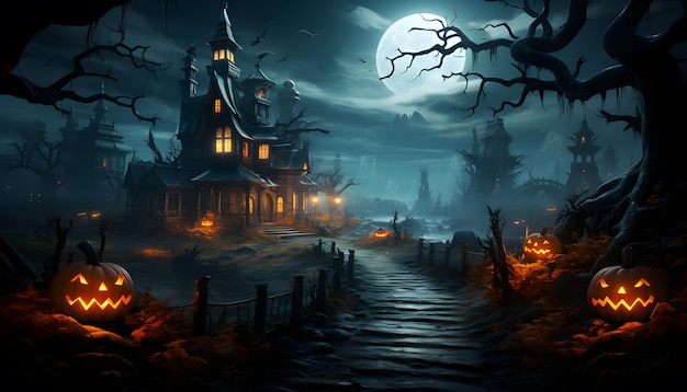 Haunted house pumpkin patch at night by full moon light