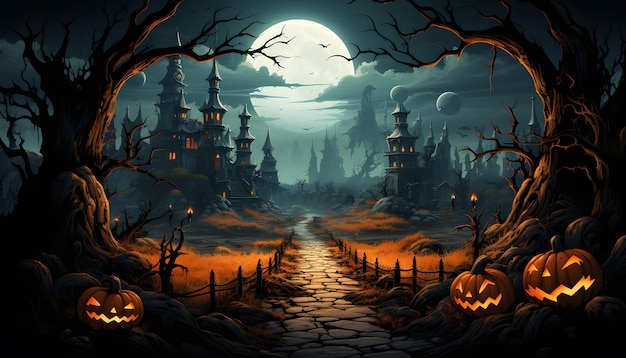 Haunted house pumpkin patch at night by full moon light