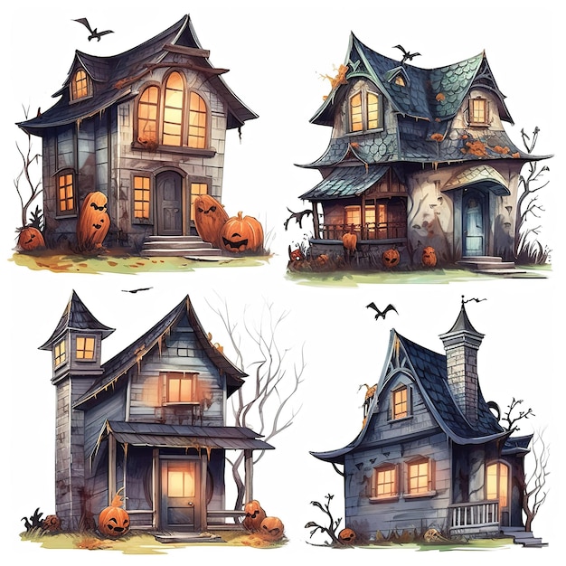 Коллекция силуэтов дома с привидениями, набор страшных домов на Хэллоуин, набор 3d дома на Хэллоуин