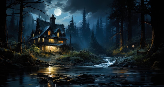 Haunted house sits on small river at night