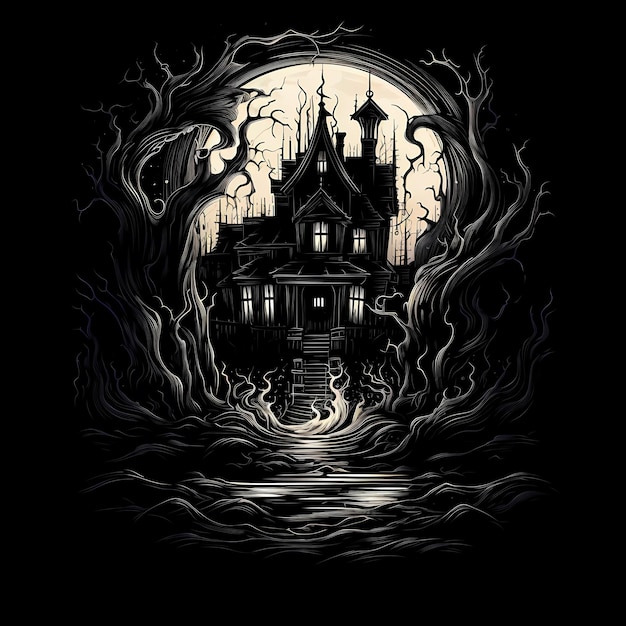 Photo haunted house tattoo design illustration