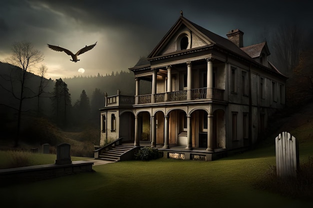 A haunted house with a bird flying over it