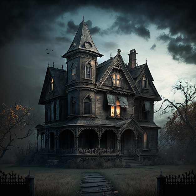 A haunted house with a dark sky and the lights on.