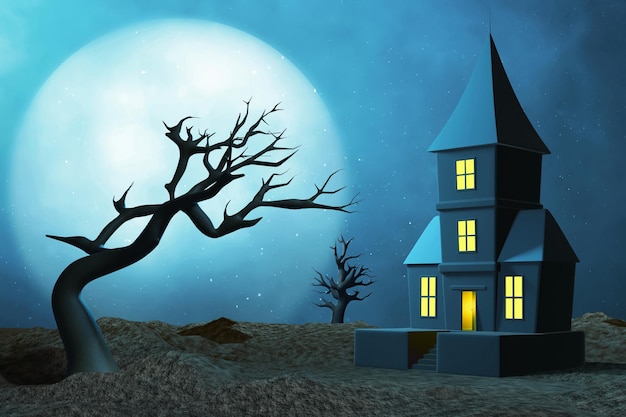 haunted house with full moon on 3d illustration