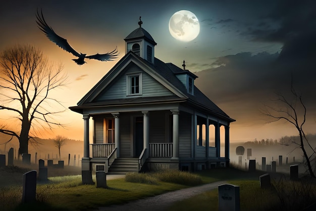 A haunted house with a full moon in the background