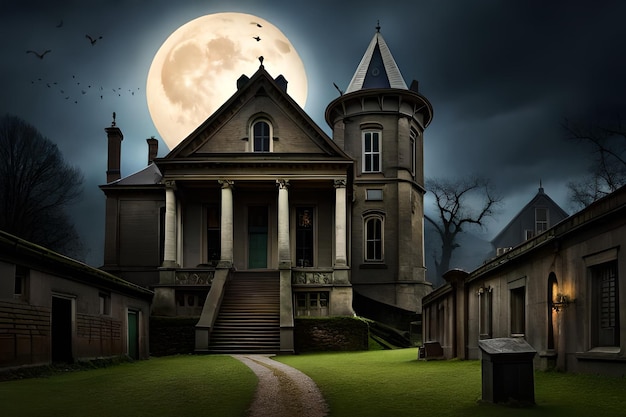 A haunted house with a full moon in the background