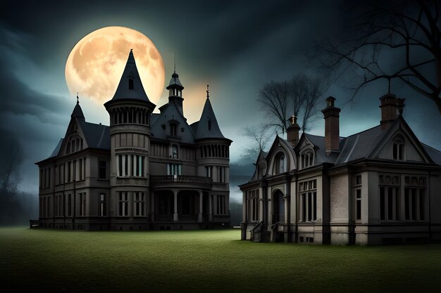 A haunted house with a full moon behind it