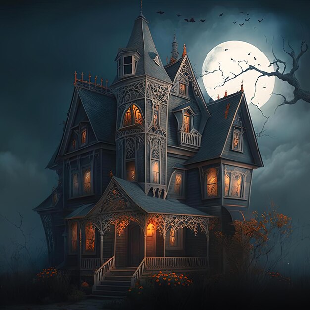 A haunted house with a full moon behind it