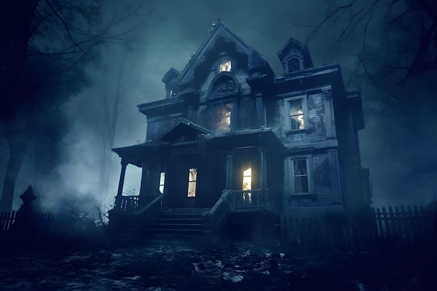 Haunted house with ghostly apparitions and candle glow Eerie Mansion Mysteries